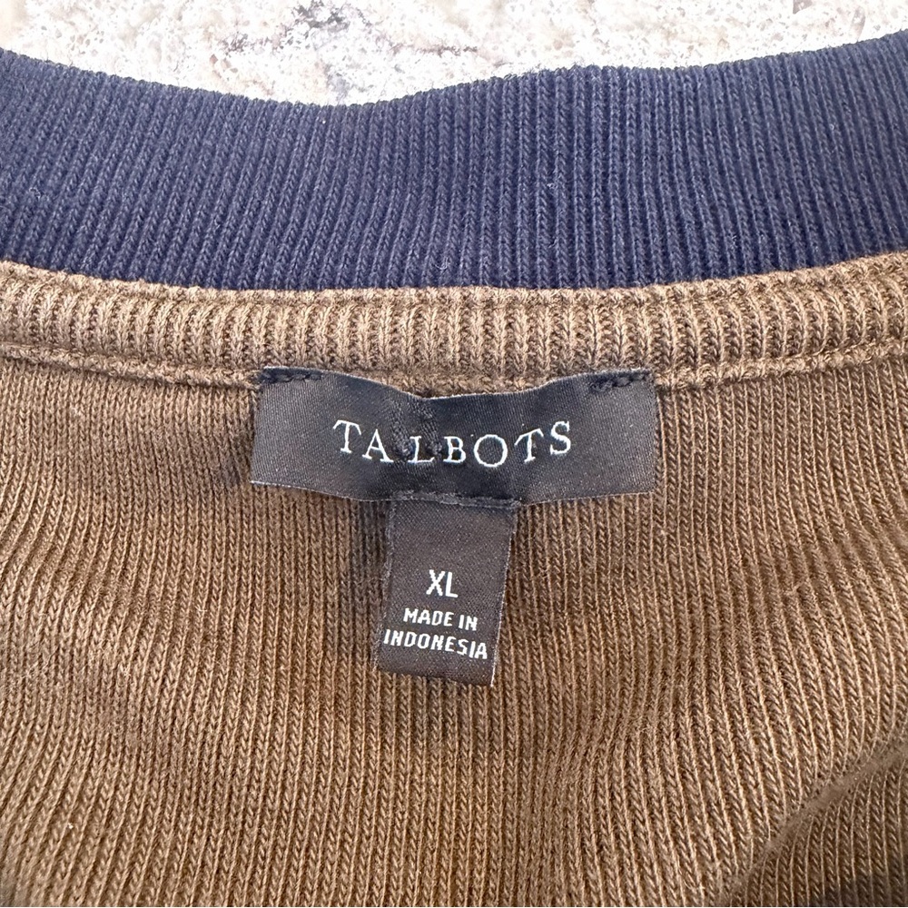 Talbots Cardigan Sweater Gold Button Olive Green Navy Trim 100% Cotton Preppy XL - Picture 6 of 7